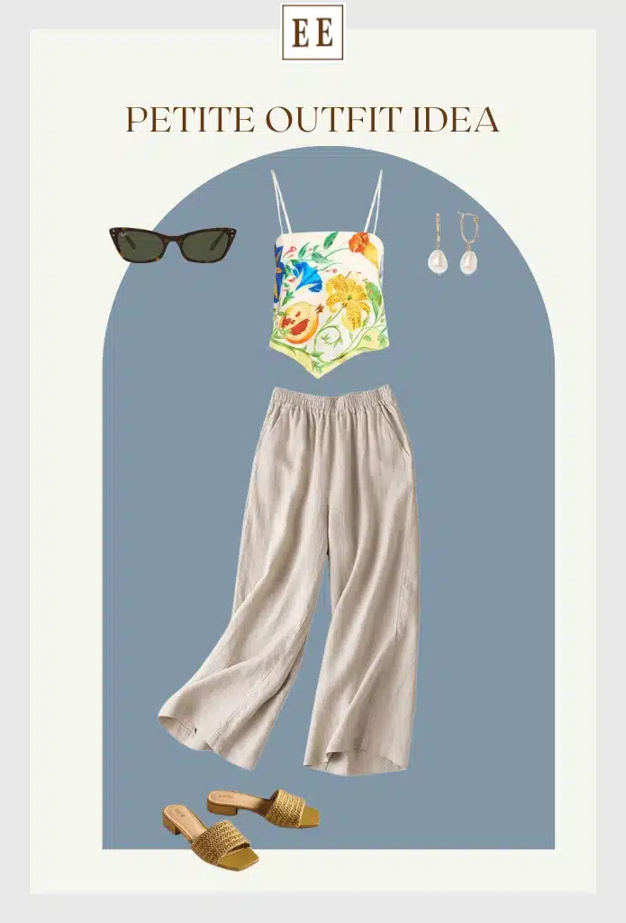 summer petite outfit idea with silk cami, linen pant, and woven mules