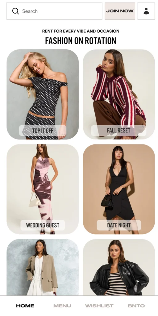 BNTO Rent homepage with womens clothing for different occasions