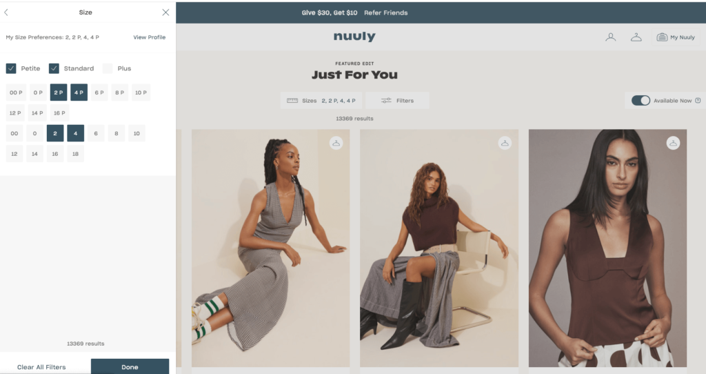 Nuuly clothing Filtering options BNTO vs Nuuly