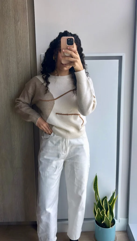 Woman in white jeans and neutral sweater Petite Outfit Idea