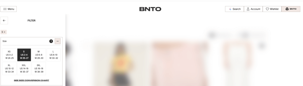 BNTO clothing filtering options
