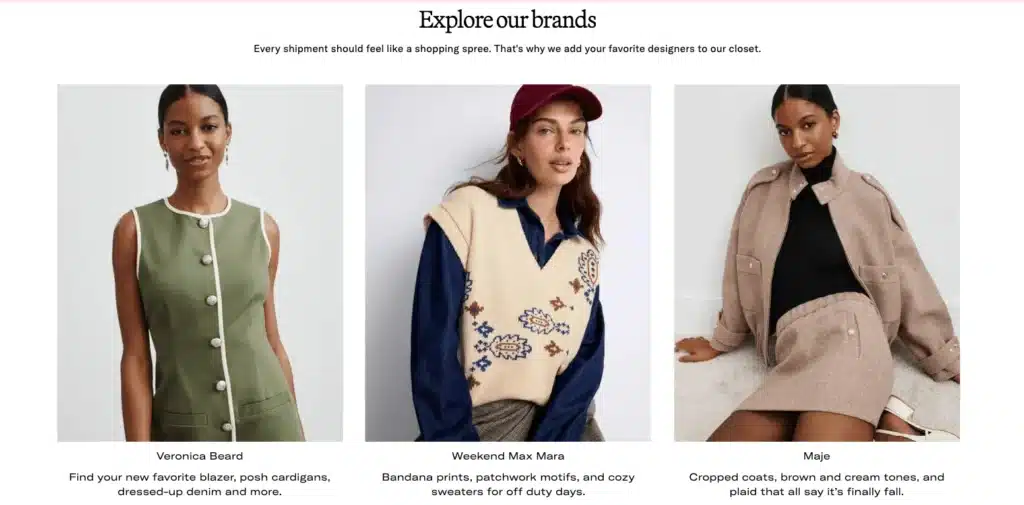 Brands available at rent the runway showcasing Veronica Beard and Max Mara