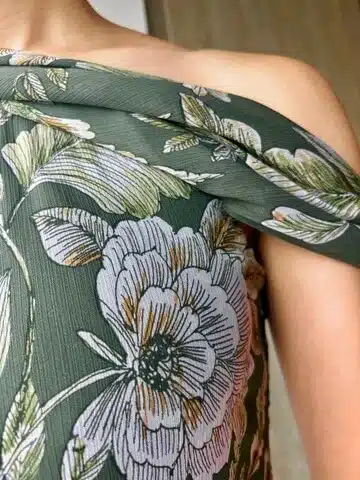 Up close of Rent the Runway Ralph Lauren off shoulder dress