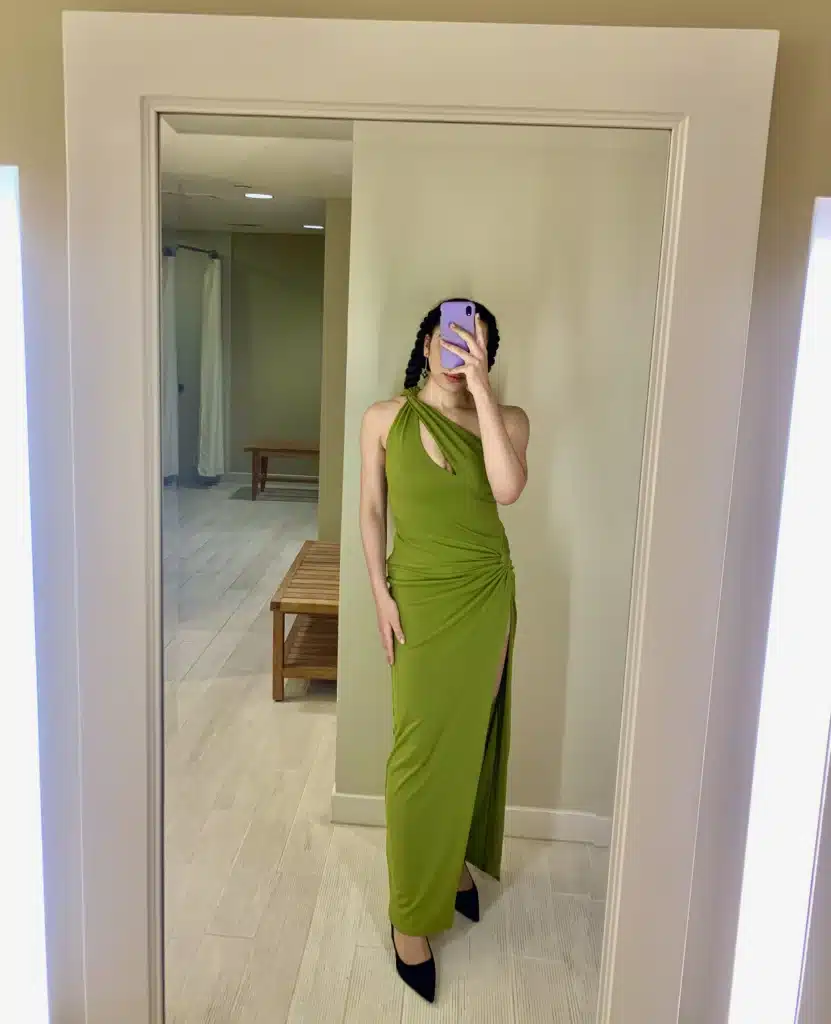 woman in green gown from rent the runway